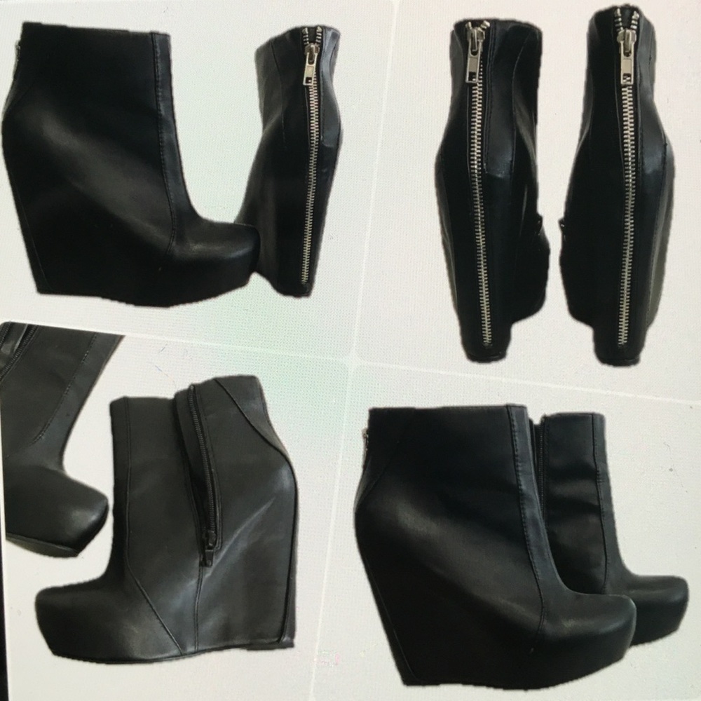 Black Wedge Ankle Boots with Rear Zip - Women - Size 7.5 - Picture 2 of 16